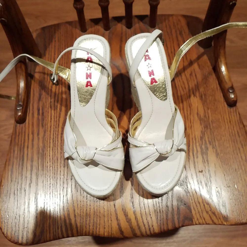 Nana White And Gold Wedge Heel Sandal With Wrap Around Ankle Strap 7
